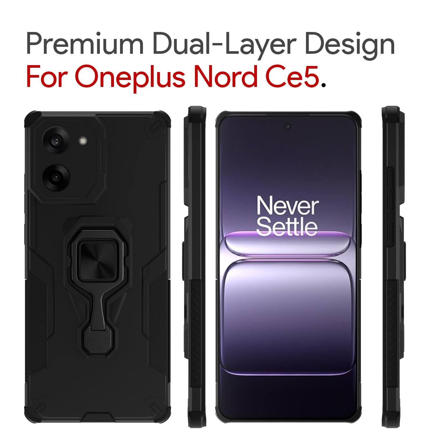 Amazon Basics Tough Armor Back Cover for Oneplus Nord CE 5 5G | Kickstand & Raised Edges | 360° Full Camera Protection Bumper Case (Black) - Image 2