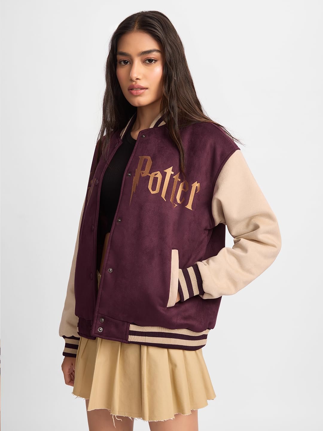 The Souled Store Harry Potter: Hogwarts Women and Girls Long Sleeves Band Neck Maroon Graphic Printed Polyester Oversized Varsity Jackets - Image 4