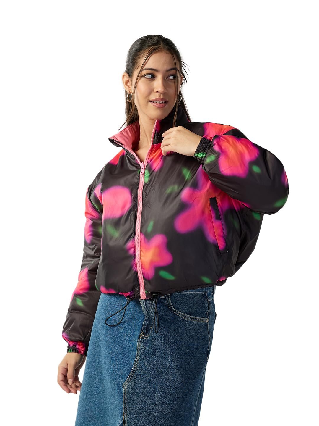 Bewakoof Women's Nylon Oversized Fit High Neck Puffer Jacket | Jacket for Women Winter Wear