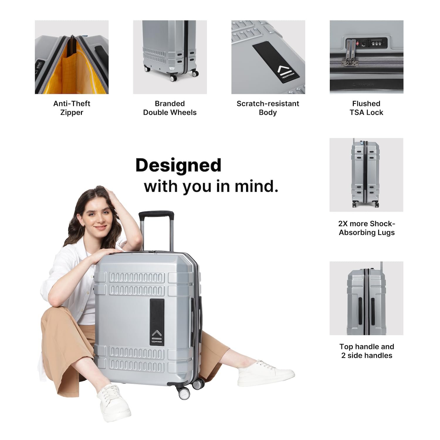 uppercase Bullet, Trolley Bag Set of 2 (S+M) Hard Cabin & Check-in Luggage, Anti-Scratch, TSA Lock & Anti-Theft Zippers, 2000 Days Warranty (Silver, 27.5 X 47 X 66 Cm, Spinner) - Image 3