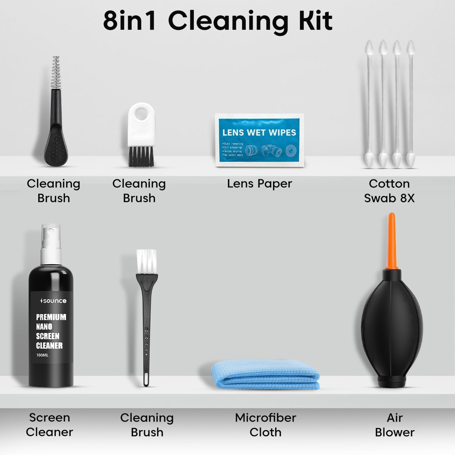 Sounce Professional 8-in-1 Cleaning Kit for Laptop, Tablet, Smartphone, Camera, Earbuds – Includes 100ml Cleaning Solution, Air Blower, Cotton Swabs, Suede Plush, Microfiber Cloth - Image 9