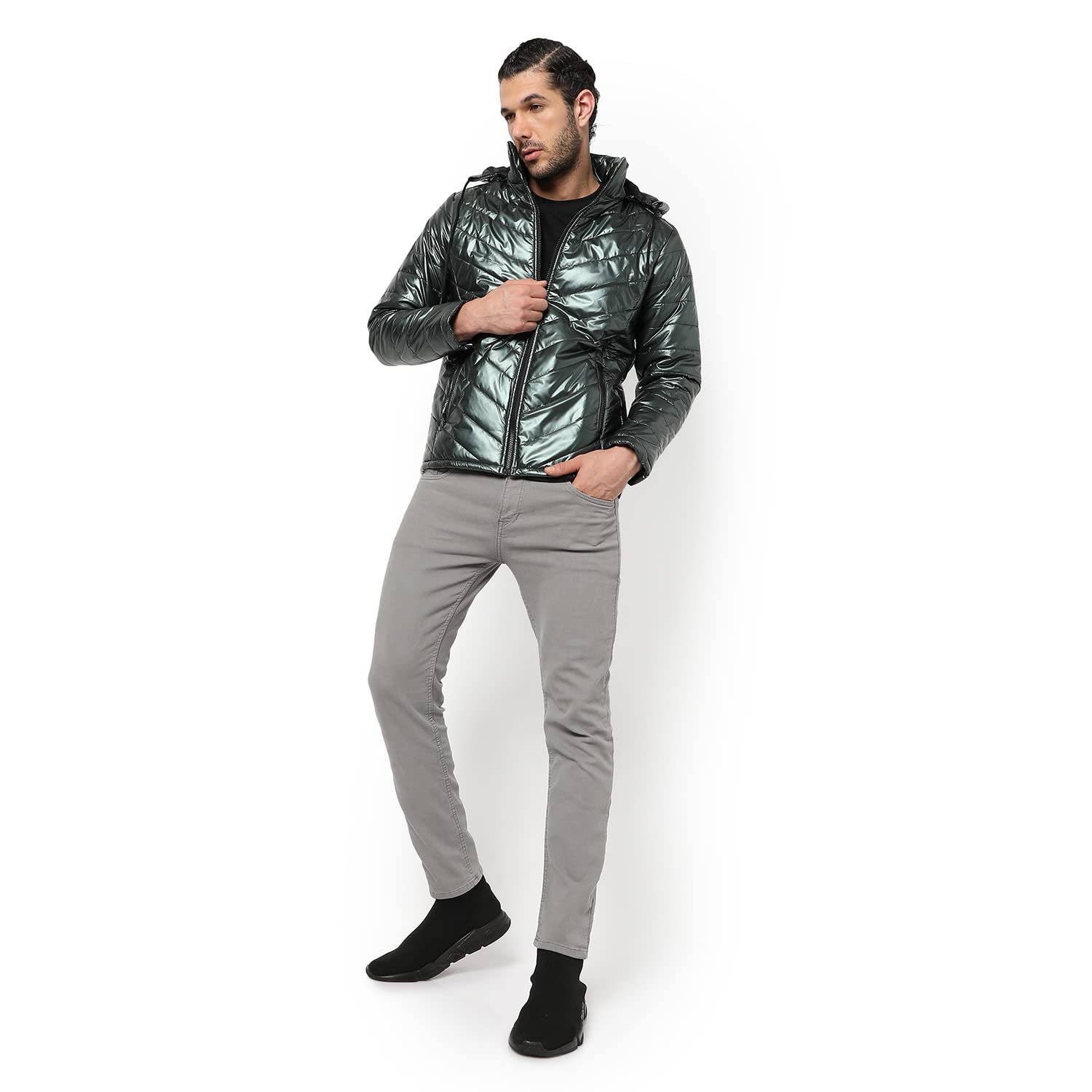 Campus Sutra Men's Quilted Puffer Jacket With Contrast Striped Sleeve For Casual Wear | Hood Neck | Long Sleeve | Zip Closure | Polyester Jacket Crafted With Comfort Fit For Everyday Wear - Image 6