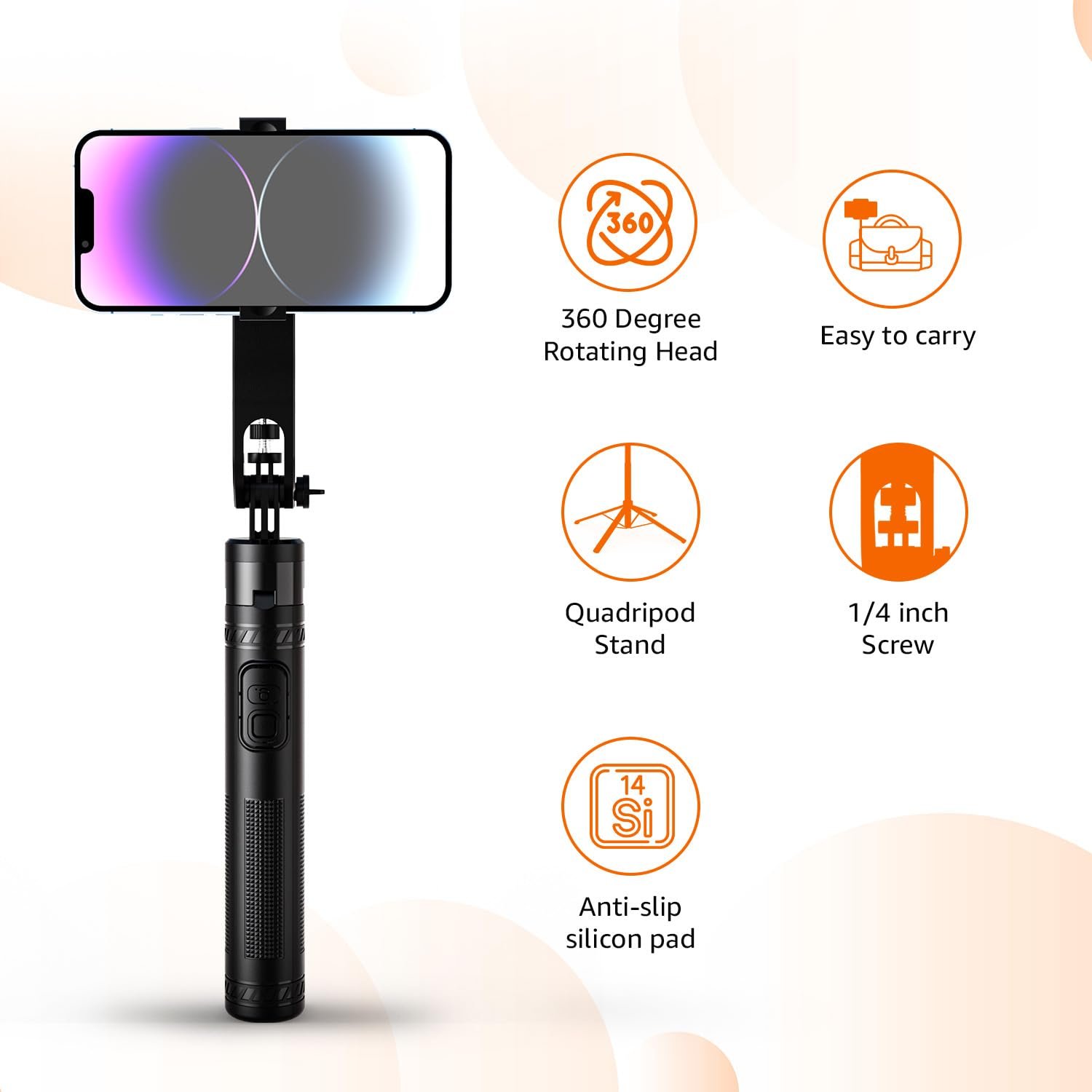 Amazon Basics Selfie Stick | 132 cm (52inch) Extendable | Non-Slip Quadripod Base | Compatible with Mirrorless/Action Camera, Ring Light, Gopro | Bluetooth Remote, Ideal for Selfies, Vlogging, Black - Image 2