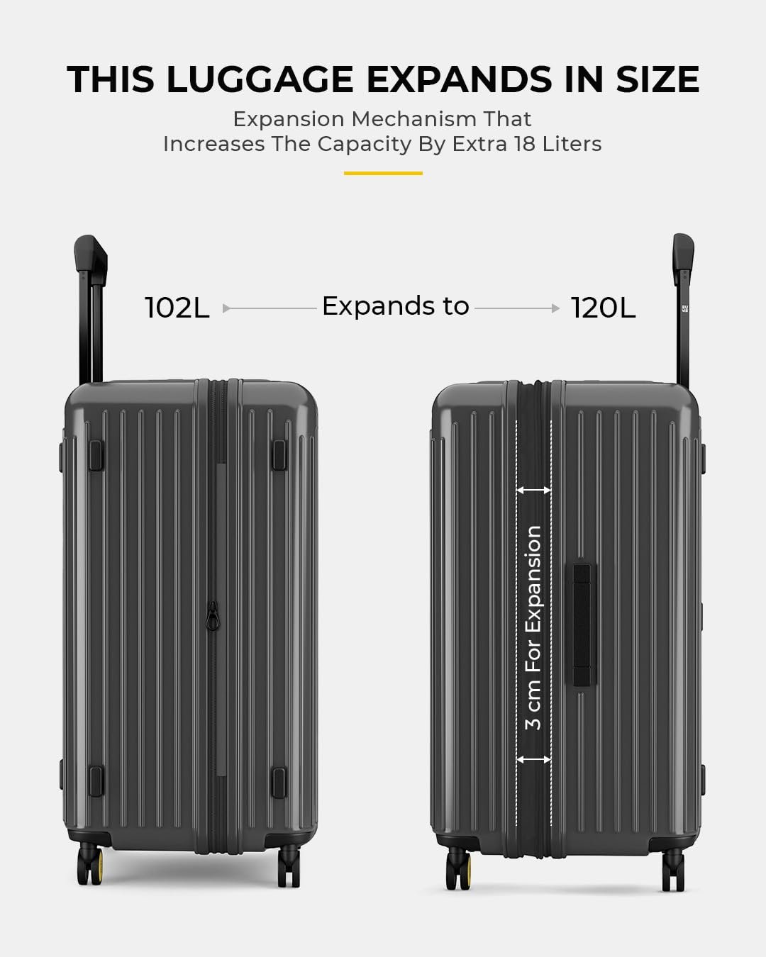 EUME Trunk Check in Trolley Bags for Travel Medium Size | 66cm to 74cm Expandable Trolley Bag | Polycarbonate 8 Silentrun Spinner Wheels Suitcase | Premium Trolley Bags for Travel (Volcanic Grey) - Image 5