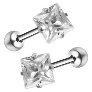VAMA FASHIONS 18K Silver-Plated Trendy Square-Cut Minimalist Barbell Stud Earring with Brilliant CZ Stone Sleek Design Ear Stud For Mens