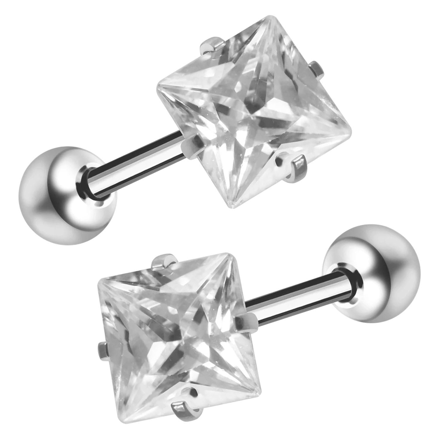 VAMA FASHIONS 18K Silver-Plated Trendy Square-Cut Minimalist Barbell Stud Earring with Brilliant CZ Stone Sleek Design Ear Stud For Mens