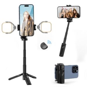 ULANZI Jj02 Selfie Stick Tripod,Extendable Grip Phone Tripod with Detachable Remote Pocket Size,3-in-1 Mini Phone Grip 2 Cold Shoe,10M/393.7” Wireless Shutter,Vlog Livestreaming Photography,Black