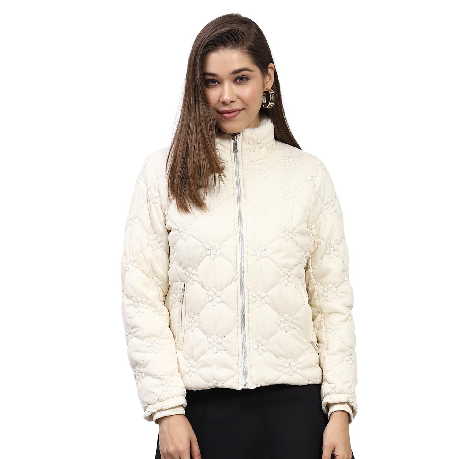 Monte Carlo Womens Embroidered White Mock Neck Full Sleeve Jacket