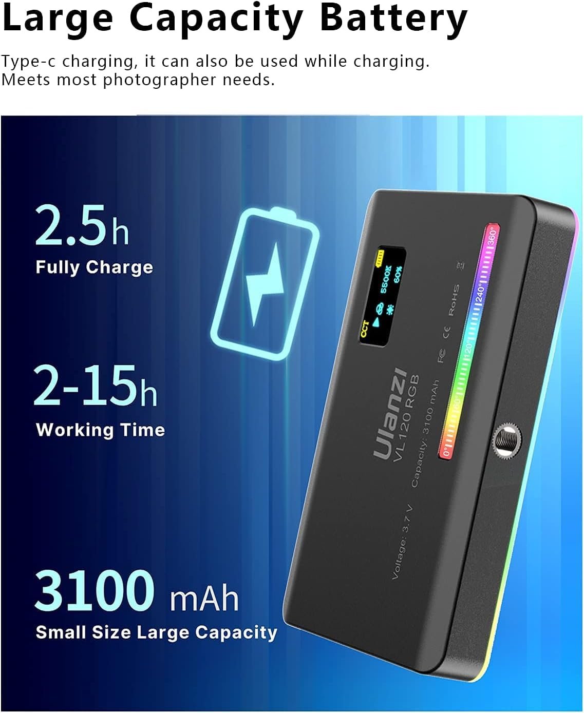 ULANZI VL120 RGB Video Light, Pocket LED On-Camera Light, Built-in 3100mAh Rechargeable Battery, 360 Full Color 20 Light Effects, CRI?95 2500-9000K, Black, (2495) - Image 7