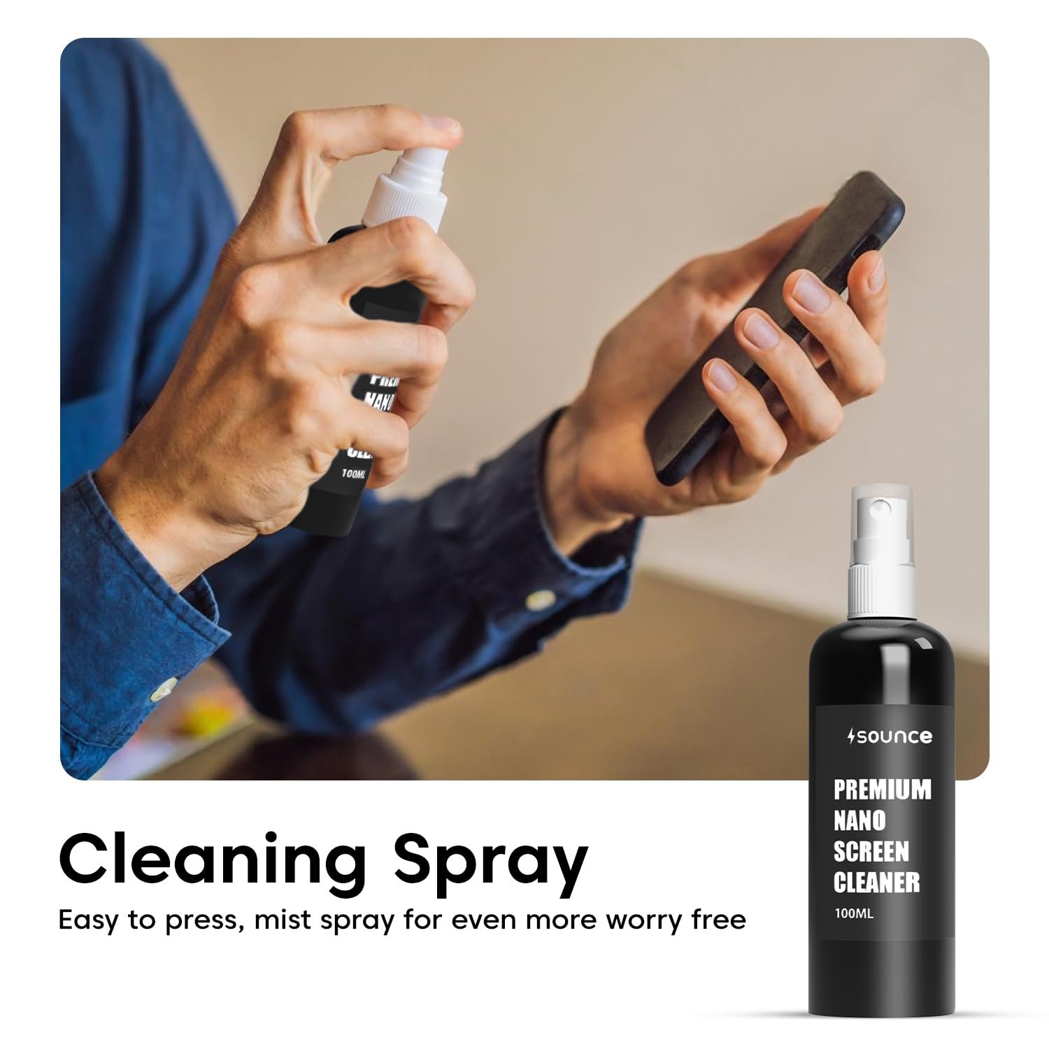 Sounce Professional 8-in-1 Cleaning Kit for Laptop, Tablet, Smartphone, Camera, Earbuds – Includes 100ml Cleaning Solution, Air Blower, Cotton Swabs, Suede Plush, Microfiber Cloth - Image 6