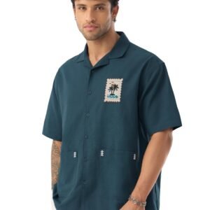 The Souled Store Beach Vibes Men and Boys Short Sleeve Cuban Collar Button Front Blue Embellished Cotton Linen Oversized Shirt