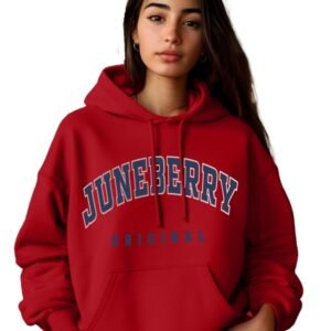 JUNEBERRY® Fleece Oversized Baggy Fit Hooded Sweatshirt Drop Shoulder Typographic Logo Printed Full Sleeve Hoodie for Women (Availabe Colors: Copper Tan, Rust & Red)
