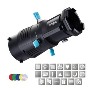 Digitek® (DS 220) Bowens Mount Optical Snoot Kit with 20 Stainless Steel GOBOs & 4X Color Gels (Red/Yellow/Green/Blue), Multifunction Focus Ring, Premium Metal Construction