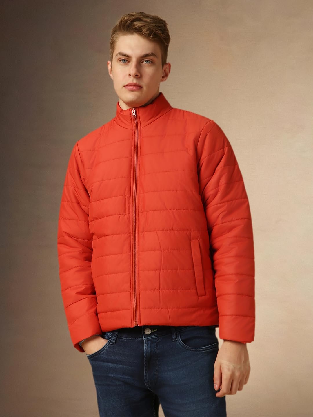 Dennis Lingo Men Rust Solid Regular Fit Full Sleeve Mock Collar Padded Jacket - Image 7