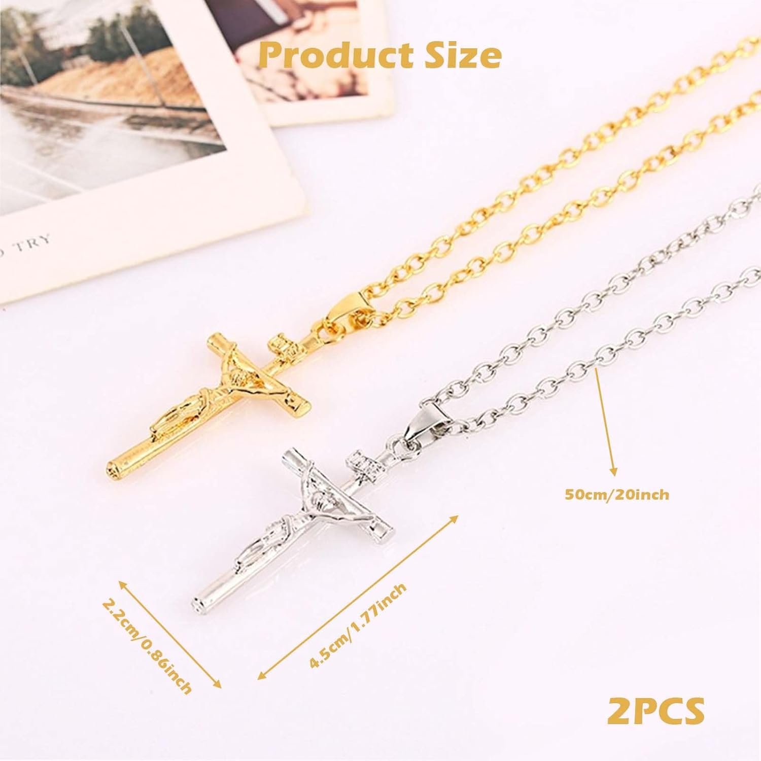 2 PCS Cross Necklace, Jesus Cross Chain for Men and Women, Stainless Steel Pendant Necklace, Silver and Gold Cross Chain, Gift for Christmas, Valentine, Birthday, Anniversary - Image 2