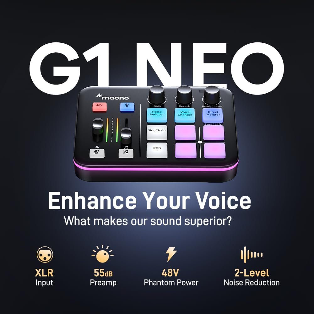 MAONO Gaming Audio Podcast Mixer, Streaming RGB PC Mixer with XLR Microphone Interface, Bluetooth, Volume Fader, Mute Button, 48V Phantom Power, for Podcast/Recording/Vocal/Game Voice-G1 NEO, Black - Image 2