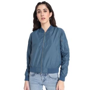 Bewakoof Women’s Solid Regular Fit Full Sleeve Stand Collar Nylon Jacket