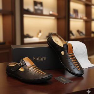 Sulhra Stylish Black & Tan Leather Ethnic Sandals for Men – Comfortable Traditional Slip-On Jutti Style Footwear for Daily