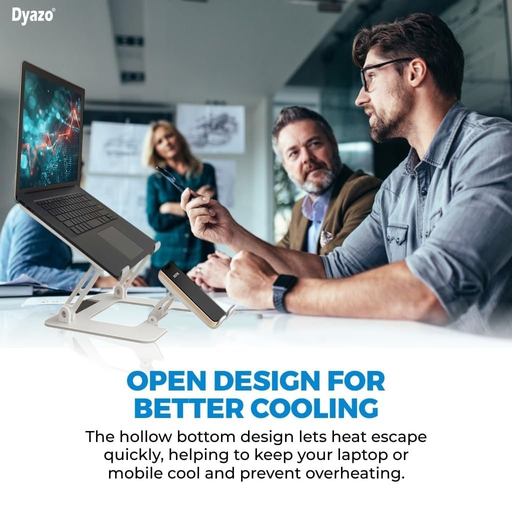 Dyazo 2 in 1 Adjustable Laptop Stand with Mobile Holder | Ergonomic, Foldable & Ventilated Riser Fits Upto 15.6 Inch Laptops | Compatible for MacBook, HP, Dell, Acer, Lenovo & Other Notebooks - Image 3