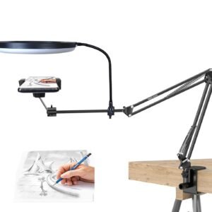 BROLAVIYA No Shadow Overhead Video Mobile Stand, Extra Long Metal Arm,10inch Selfie Ring Light, Flexible Wire, 2-Way Base Clip, 1/4″ Head for Camera, GoPro, for Desktop, Bedroom, Office