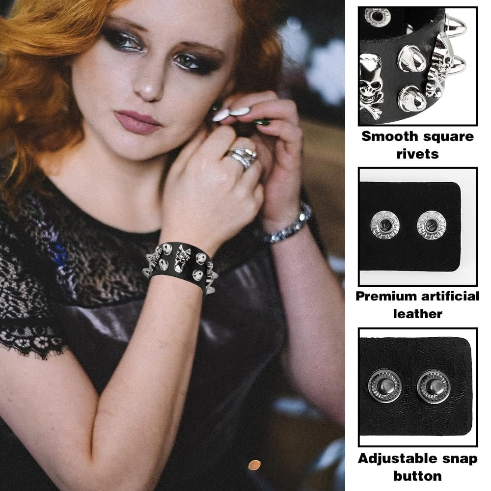 2 Pcs Gothic Jewellery, Punk Bracelets Set, Layered Leather Cuff Bangle for Rock Concerts, Goth Jewelry for Women and Men, Punk Fashion Accessories - Image 2
