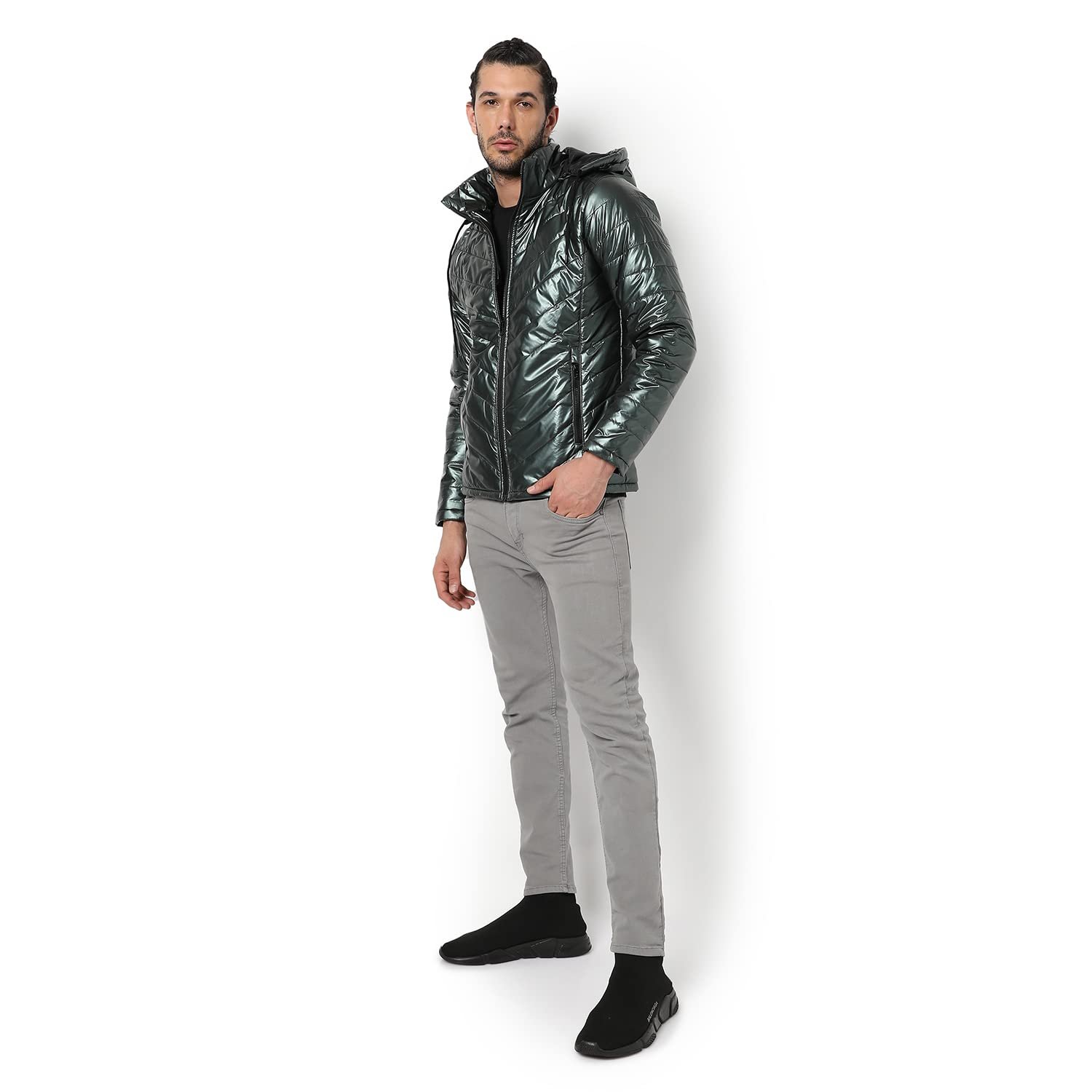 Campus Sutra Men's Quilted Puffer Jacket With Contrast Striped Sleeve For Casual Wear | Hood Neck | Long Sleeve | Zip Closure | Polyester Jacket Crafted With Comfort Fit For Everyday Wear - Image 4