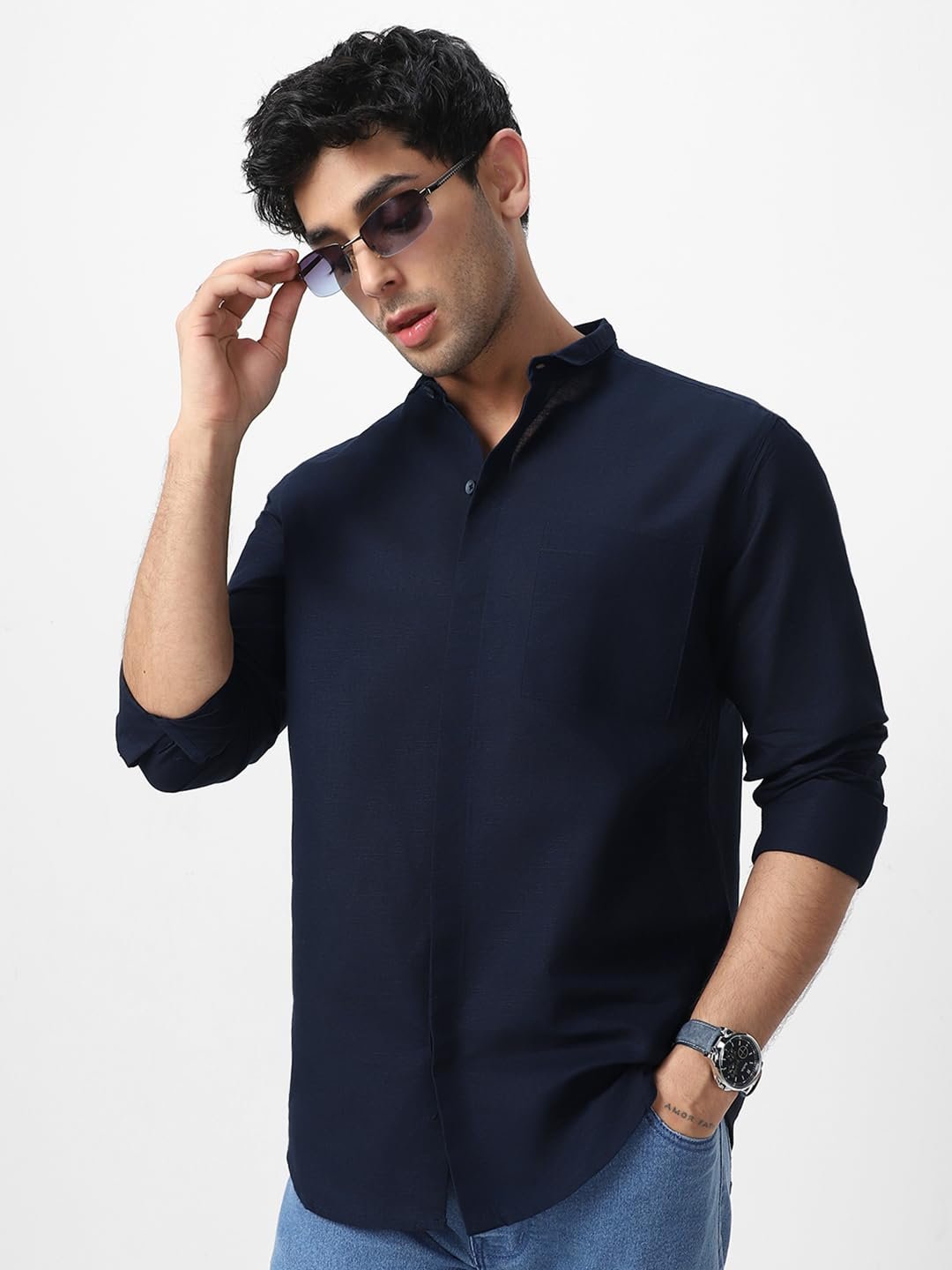 Urbano Fashion Men's Cotton Full Sleeve Regular Fit Casual Solid Shirt with Band Collar - Image 2