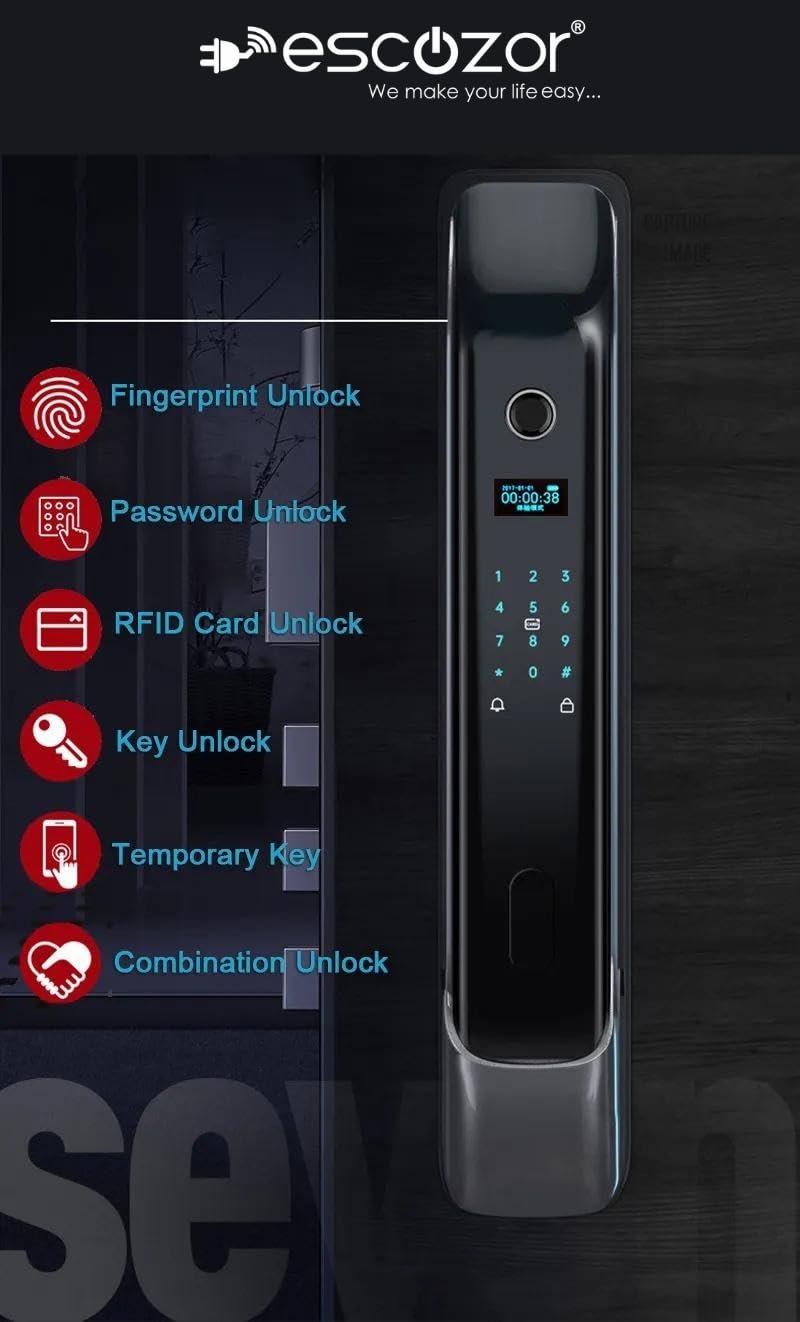Escozor® EMM01 Smart Digital Pushpull Fingerprint Lock for Main Door,Safety Door with Fingerprint,Password,Smart Card,Mechanical Keys & WiFi Smart Life Mobile App Control(35mm to 70mm Door Thickness) - Image 3
