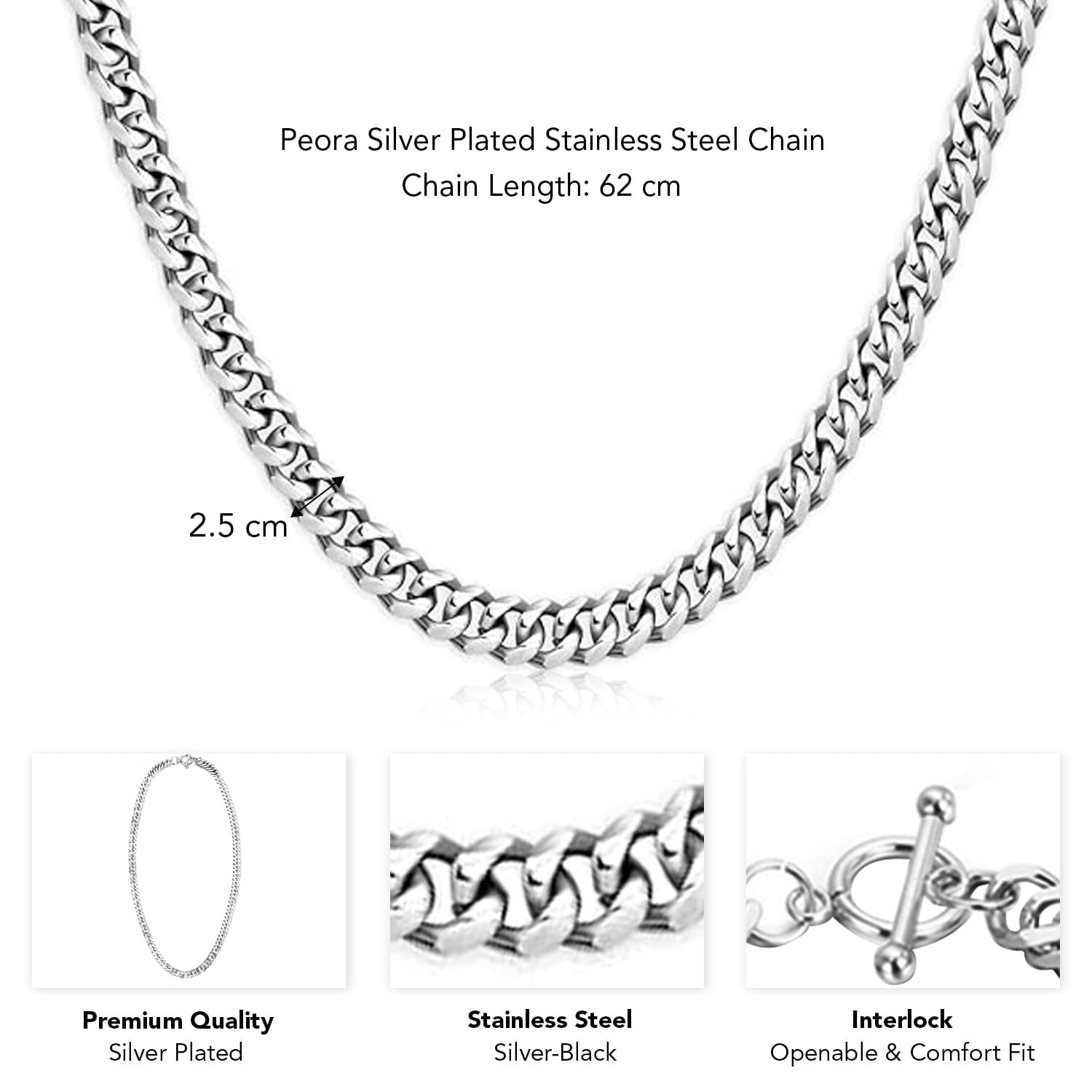 Peora Silver Plated Stainless Steel Cuban Chain Stylish Fashion Jewellery for Men - Image 4