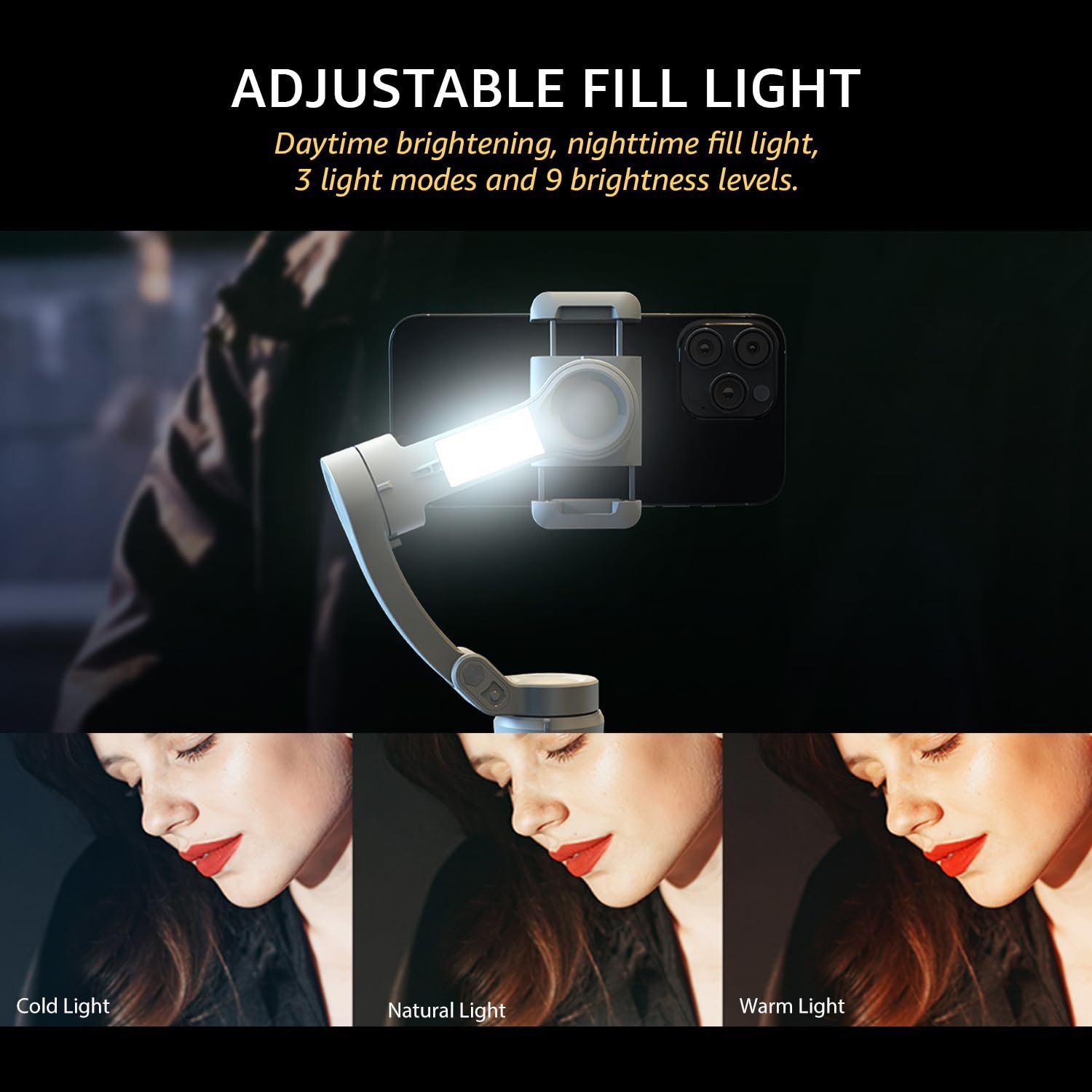 Amazon Basics 3-Axis Smartphone Gimbal Stabilizer with AI Face & Body Tracking | Foldable Design | Adjustable Fill Light | 8 Hr Battery | iPhone, Android Compatible | Perfect for travel/vlogging, Grey - Image 9