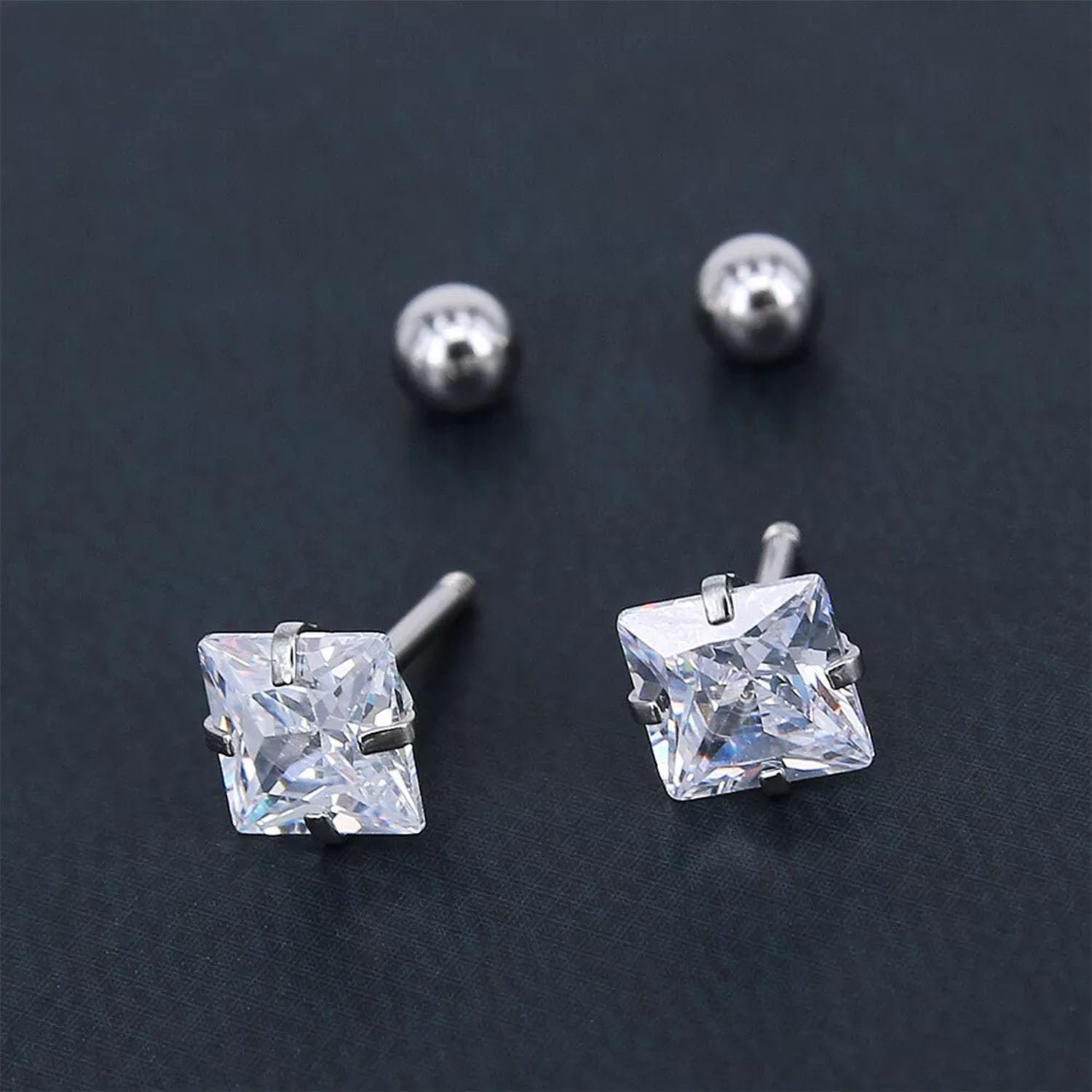 VAMA FASHIONS 18K Silver-Plated Trendy Square-Cut Minimalist Barbell Stud Earring with Brilliant CZ Stone Sleek Design Ear Stud For Mens - Image 6
