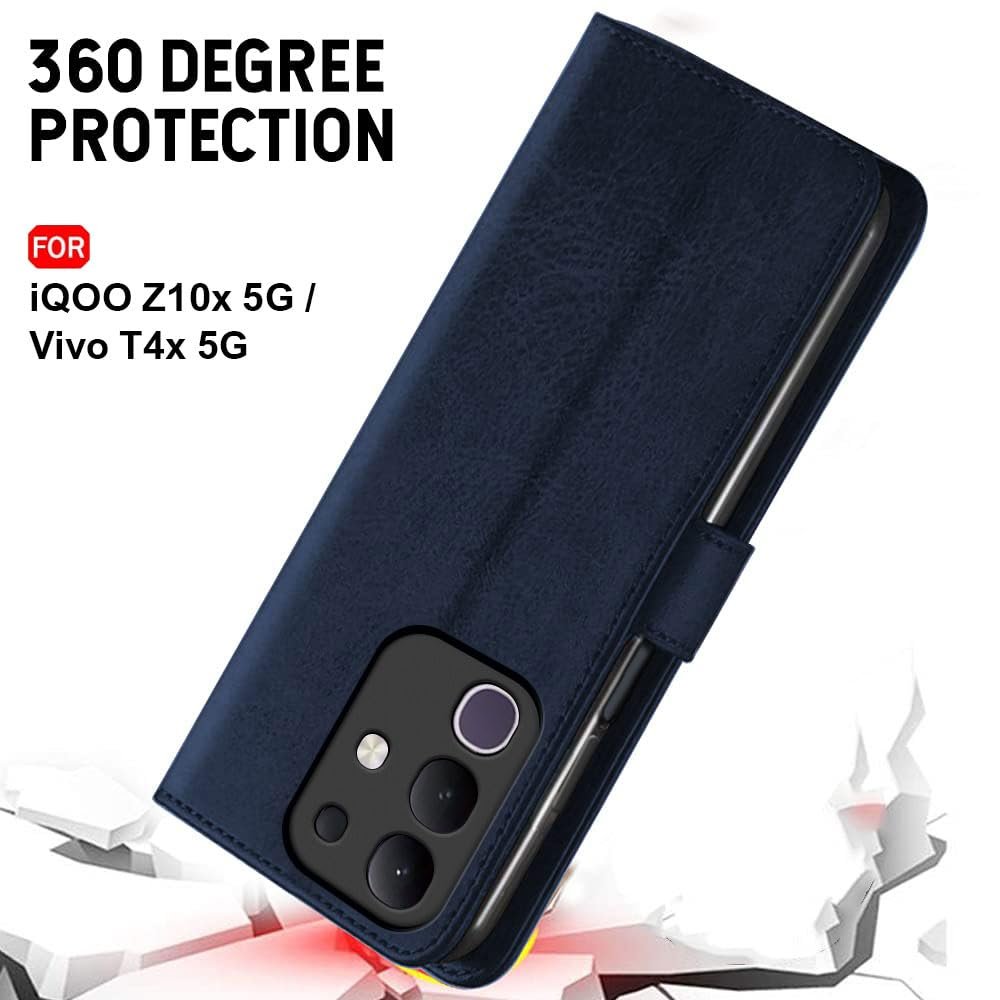 TheGiftKart Flip Cover Back Case for iQOO Z10x 5G / Vivo T4x 5G | Genuine Leather Finish | Designer Button | Inbuilt Pockets & Stand | Flip Cover for iQOO Z10x 5G / Vivo T4x 5G (Faux Leather, Blue) - Image 8