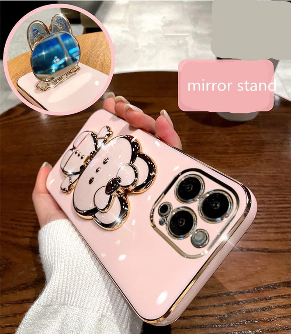 KC Back Cover for OnePlus Nord CE5 - Hidden Bunny Mirror Folding Bracket Kickstand Electroplated Soft Silicone Camera Protection Case - Pink - Image 3