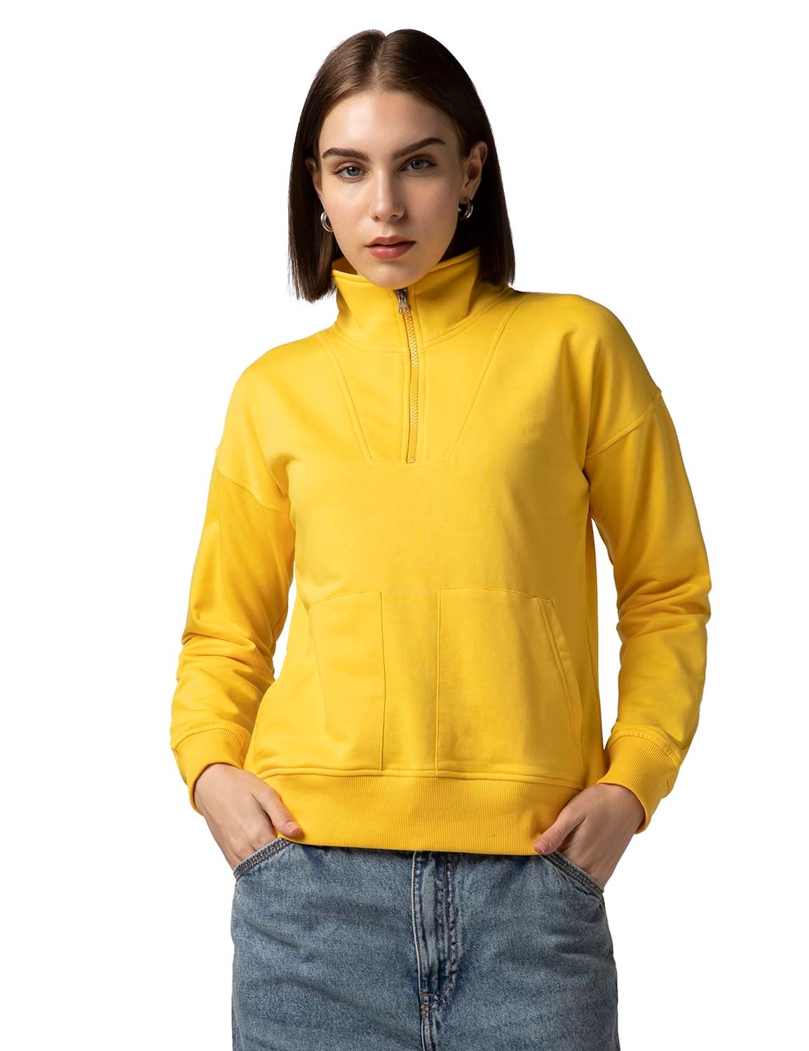 FYLTR Women's Casual Stand Collar Sweatshirt with Drop Shoulder & Boxy Fit - Zip Closure | Utility Pockets | Rib Hem & Cuff | Sweatshirts for Women | Casualwear
