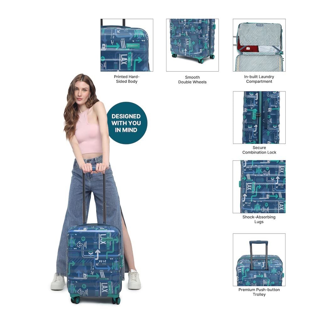 uppercase JFK (Small) 56cms | Hardsided Cabin Trolley Bag for Travel |Eco Polycarbonate Printed Luggage |Combination Lock|8 Spinner Wheel Trolley Bag |Suitcase for Men & Women |(Denim Blue) - Image 3