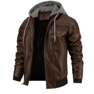 Blaq Ash Men’s Faux Leather Hooded Motorcycle Jacket, Zip-Up, with Pocket