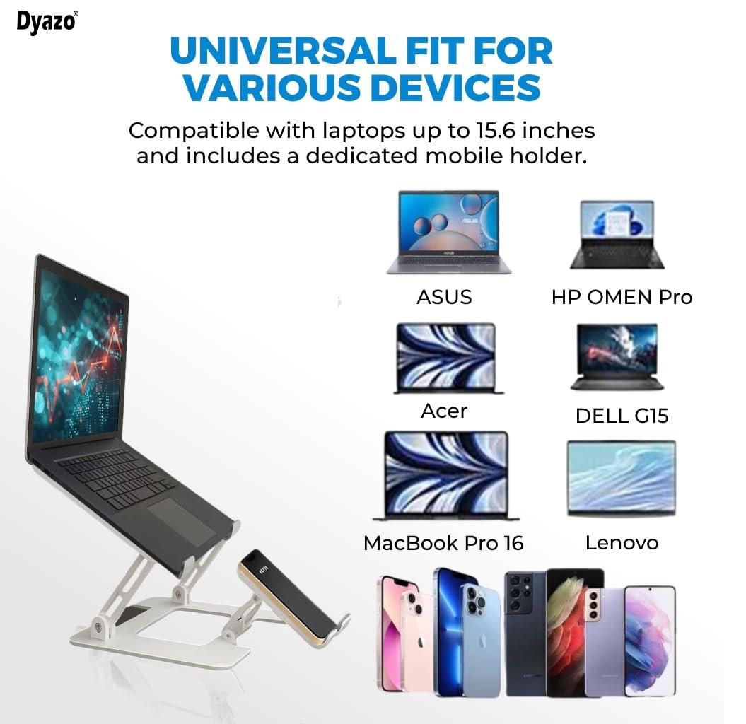Dyazo 2 in 1 Adjustable Laptop Stand with Mobile Holder | Ergonomic, Foldable & Ventilated Riser Fits Upto 15.6 Inch Laptops | Compatible for MacBook, HP, Dell, Acer, Lenovo & Other Notebooks - Image 7