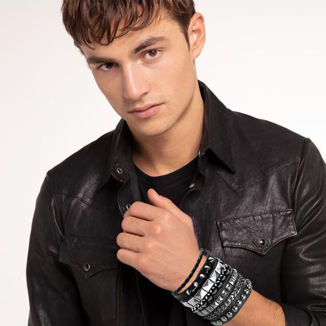 Goth Accessories, Gothic Jewelry Set, Punk Rock Studded Bracelets for Women & Men, Emo Accessories for Concert Outfits, 4-Piece Leather Bracelet Set in Black - Image 5