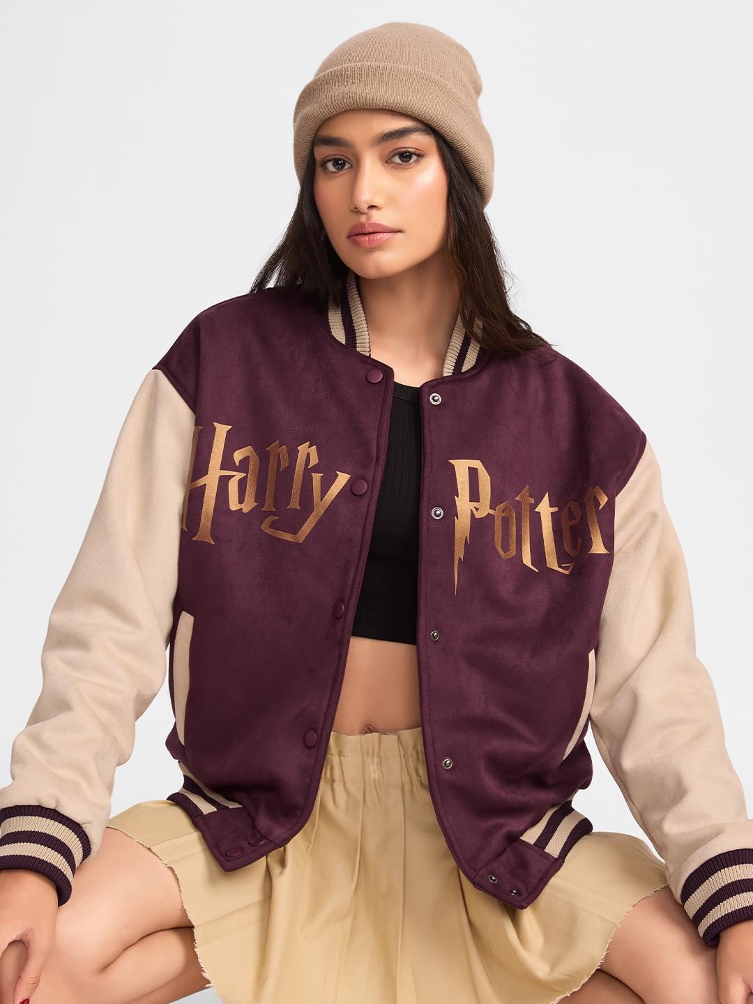 The Souled Store Harry Potter: Hogwarts Women and Girls Long Sleeves Band Neck Maroon Graphic Printed Polyester Oversized Varsity Jackets - Image 2