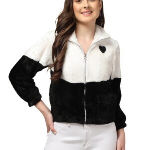 “Women’s & Girl’s Plush Faux Fur Jacket, Two-Tone Design, Full Zip with Heart Detail, Winter Wear | 2 Pocket