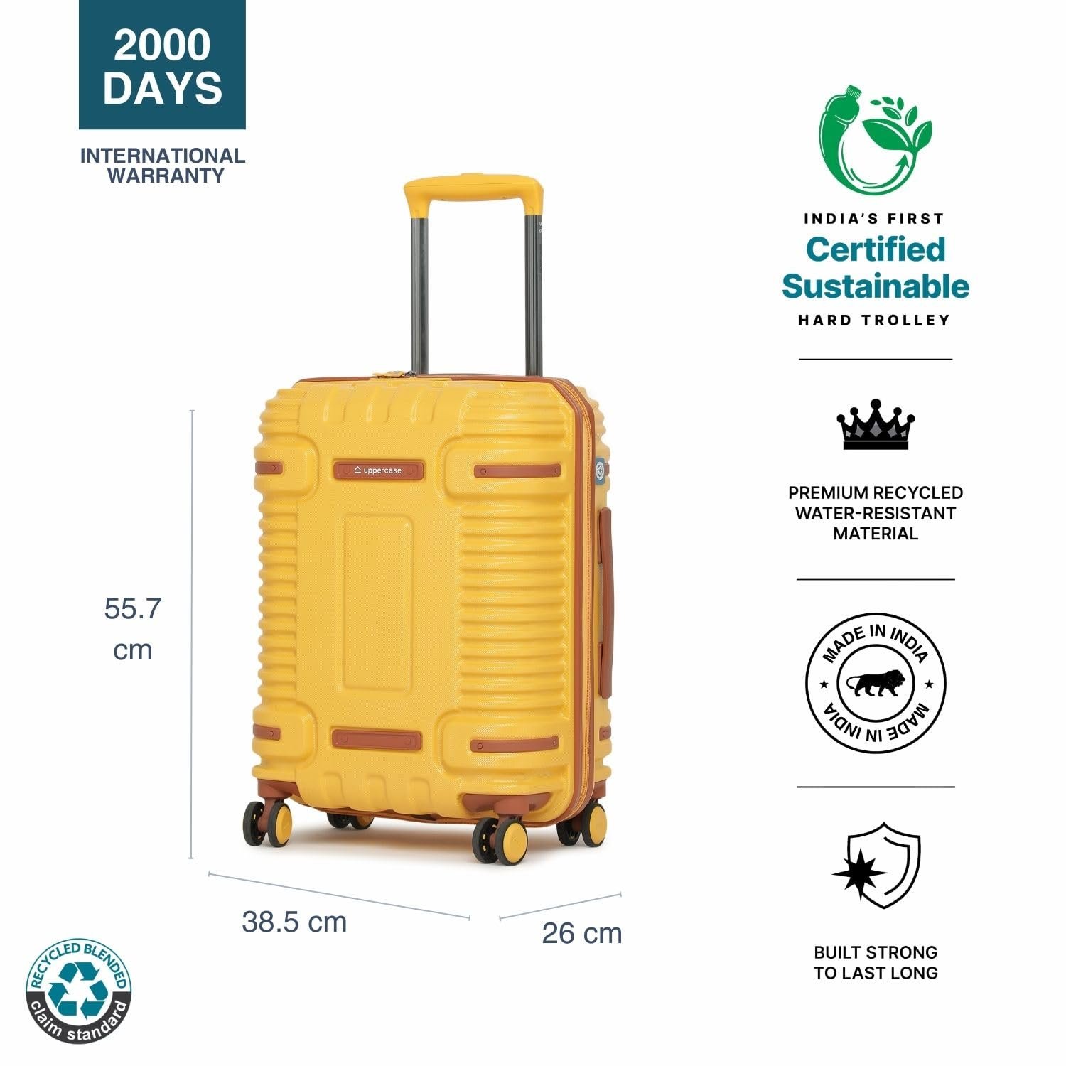 uppercase Ridge Trolley Bag (Small) 55Cms|Hardsided Polycarbonate Cabin Luggage|8 Spinner Wheel Eco Trolley Bag With Tsa Lock & Anti Theft Zippers|Suitcase For Men&Women|2000 Days Warranty (Yellow) - Image 5