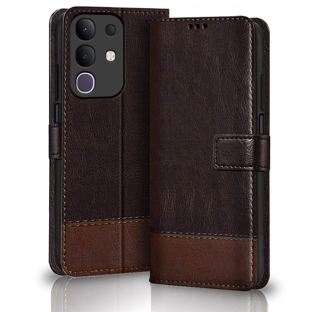 TheGiftKart Flip Back Cover Case for iQOO Z10x 5G / Vivo T4x 5G | Dual-Color Leather Finish | Inbuilt Stand & Pockets | Wallet Style Flip Cover for iQOO Z10x / Vivo T4x (Faux Leather, Coffee & Brown)
