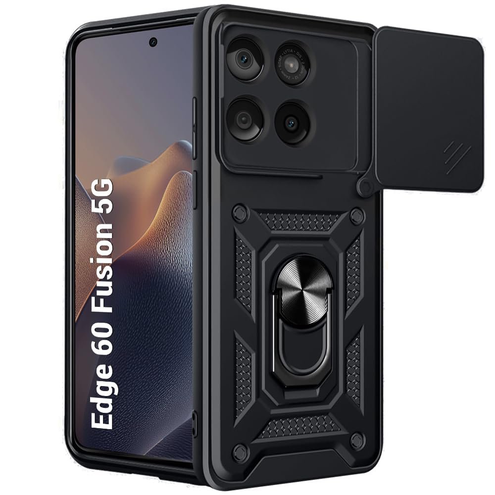 Luxe® Back Cover for Motorola Edge 60 5G / Motorola Edge 60 Fusion 5G | D10 Tough Armor Case | Sliding Camera Shield | 360° Protection | Kickstand Ring Holder | Military-Grade Shockproof Bumper Case