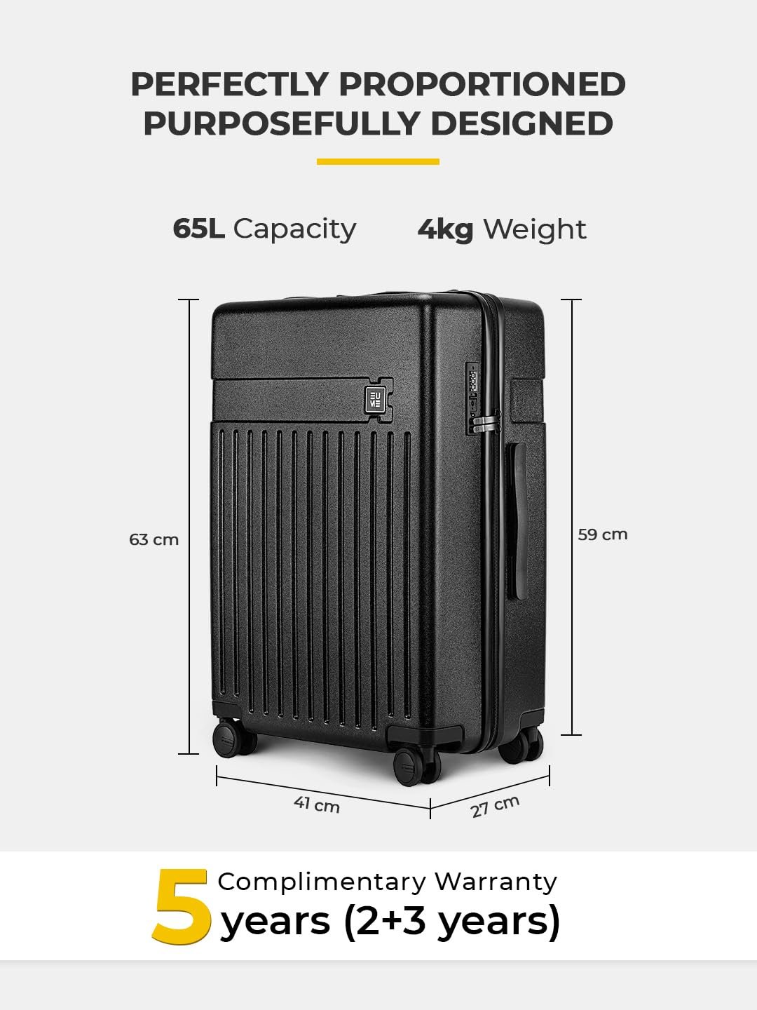 EUME Classic Check-in Trolley Bags for Travel Medium Size 65 Cm, Charcoal Black | Polycarbonate (PC) 8 Hinomoto Wheels Suitcase | Travel Bags for Luggage Trolley - Image 5