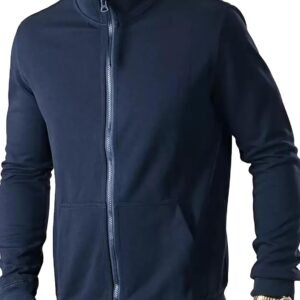 Jump Cuts Mens Solid Polo Neck Fullsleeve Fullzipper Navy Loopknit Slim fit Jacket