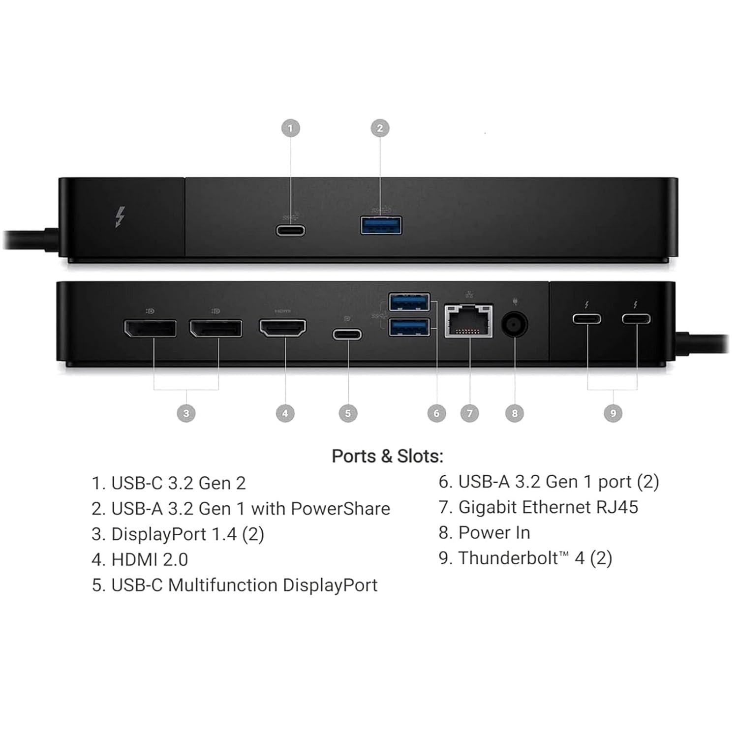 Dell Thunderbolt Dock WD22TB4, 9 Various of Ports, Video Resolution: 5K - 60 Hz (Single Display), 4K - 60 Hz (Quad Display), Interfaces: 2 x Thunderbolt 4 - Image 2