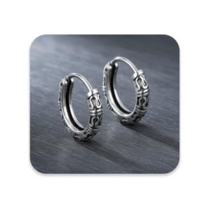 VAMA FASHIONS Oxidised Silver Hoop Earrings in Tribal Bali Design Lightweight Ethnic Look Ear Accessories for Men
