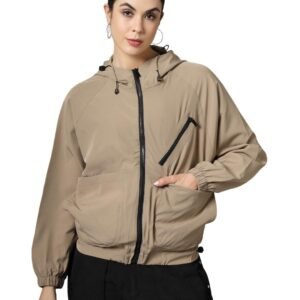 CHKOKKO Womens Stylish Oversized Windcheater Hoodie Jacket with Zip Closure Lightweight Sportswear for Running Travel Hiking Outdoor and Rainy Season Wear