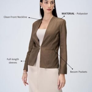 Salt Attire Women’s Single Breasted Blazer Coat – Solid Polyester, Cream, Casual Office Jacket