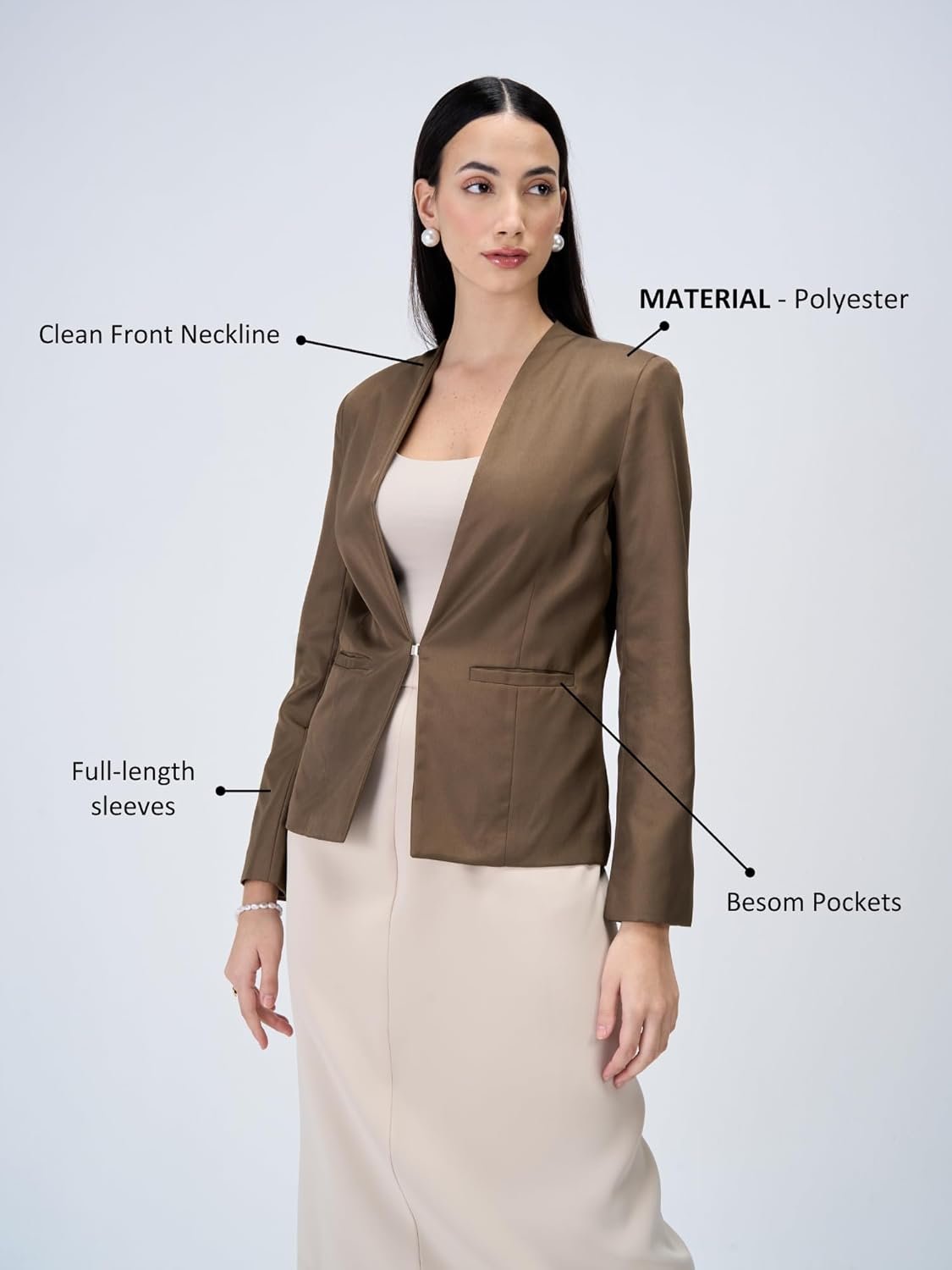 Salt Attire Women’s Single Breasted Blazer Coat – Solid Polyester, Cream, Casual Office Jacket